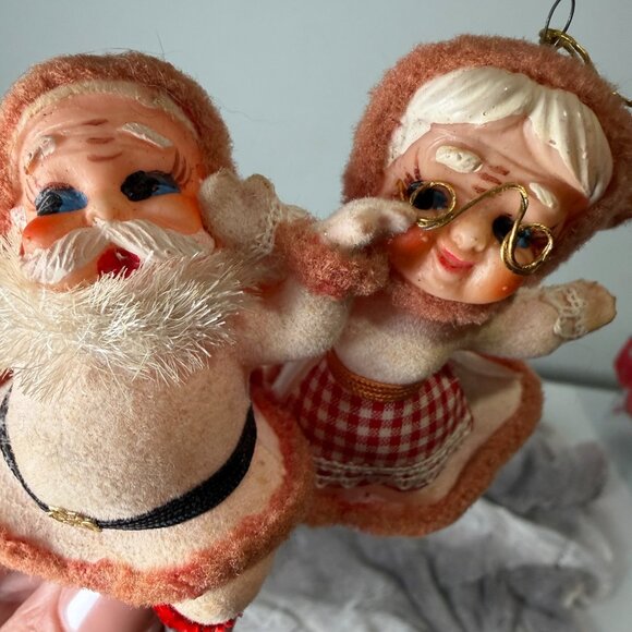 VTG Santa & Mrs Claus Flocked Plastic Christmas Ornaments Blow Mold 1960s - Picture 2 of 14